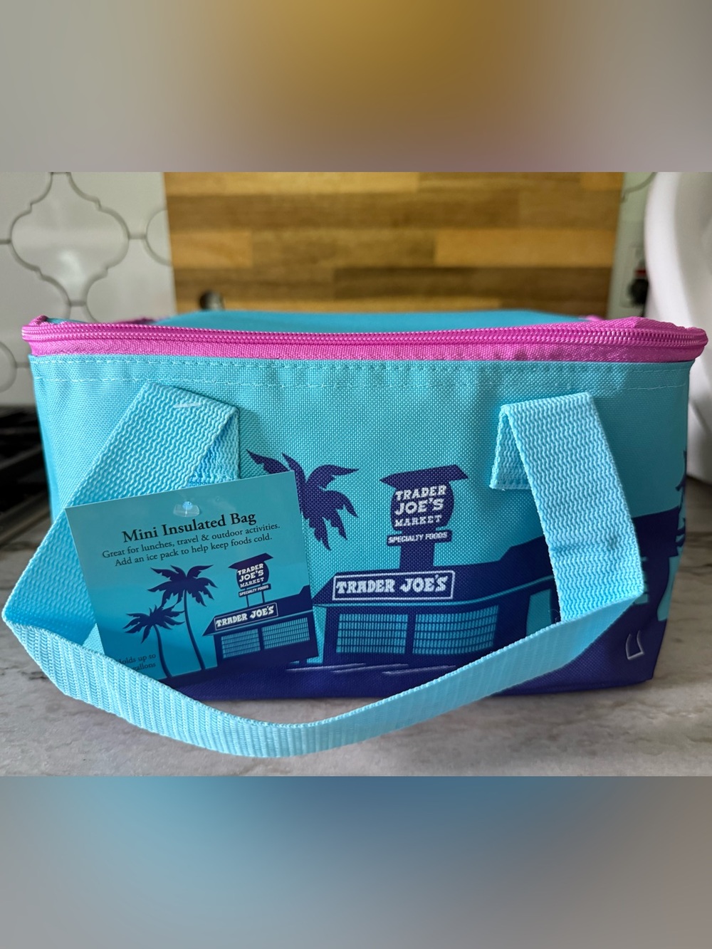 Trader Joe's Mini Insulated Bag - Aqua with Pink Zip